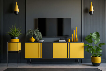 TV cabinet with yellow and black modern minimal interior design. Minimalist interior 3D render. Generative AI.