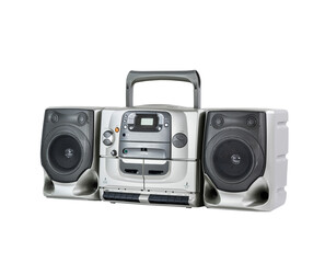 Vintage boom box style portable stereo radio, cd, cassette tape recorder with cut out background.