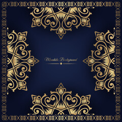 blue background, with mandala ornament and golden frame