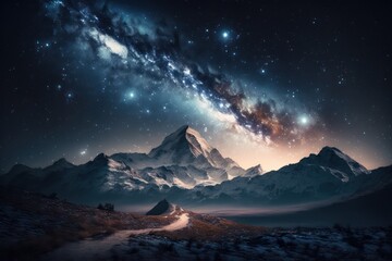 Naklejka na ściany i meble Landscape at night with star sky and milky way galaxy. Generative AI