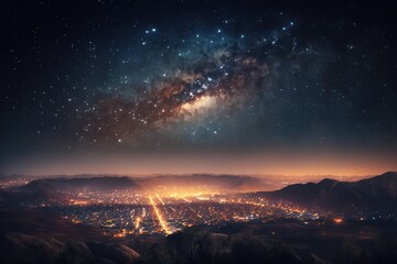 City landscape at night with stars and milky way galaxy. Generative AI