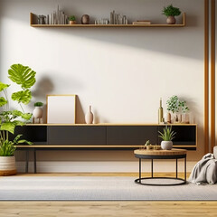 Large empty wall frame mockup with modern living room interior furniture. Interior design 3D render. Generative AI.