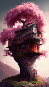 Wallpaper For Your Cell Phone Of Sakura Tree House Created With AI