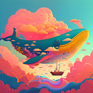 A children's illustration of a flying whale, created with Generative AI technology