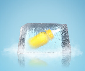 Conservation of genetic material. Baby feeding bottle in ice cube as cryopreservation on light blue background