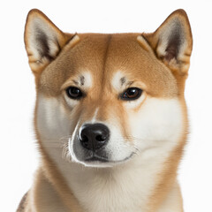 Adorable shiba inu dog portrait looking at camera isolated on white background as concept of domestic pet in ravishing hyper realistic detail by Generative AI.