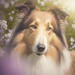 Rough collie with fluffy hair realistic portrait on ravishing natural background with flower and forest in springtime lighting. Domestic pet outdoor by Generative AI.