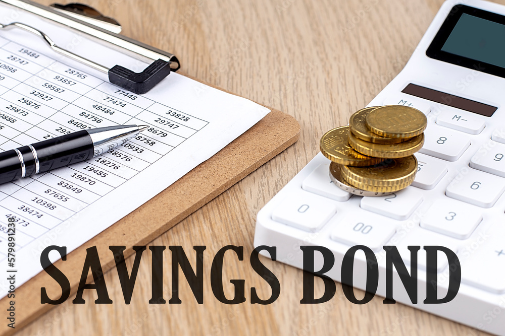 Poster saving bonds text with chart and calculator and coins , business concept