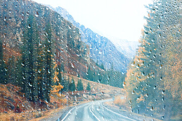 autumn view window raindrops on glass, abstract sad landscape wallpaper