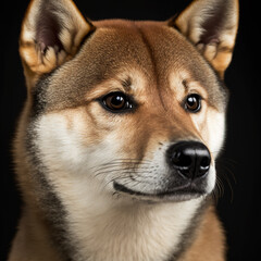 Studio shot with cute shiba inu dog portrait with the curiosity and innocent look as concept of modern happy domestic pet in ravishing hyper realistic detail by Generative AI.