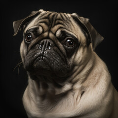 Studio shot with cute pug dog portrait with the curiosity and innocent look as concept of modern happy domestic pet in ravishing hyper realistic detail by Generative AI.