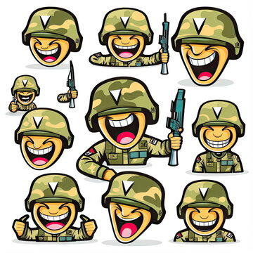 sticker set of army action, cartoon soldier, white background