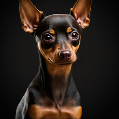 Studio shot with adorable miniature pinscher dog portrait with the curiosity and innocent look as concept of modern happy domestic pet in ravishing hyper realistic detail by Generative AI.