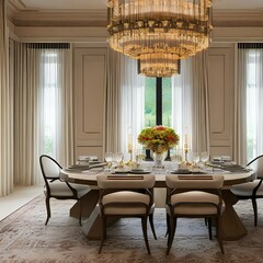 Dining room with modern chandelier and table 1_SwinIRGenerative AI