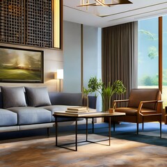 Obraz premium Family room with comfortable furniture and TV 2_SwinIRGenerative AI