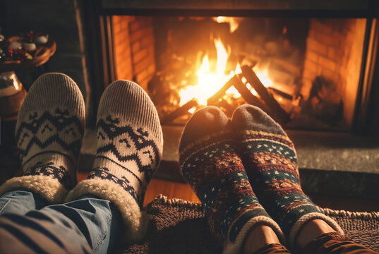 Young romantic couple sitting on sofa in front of fireplace, Warming and relaxing near fireplace.