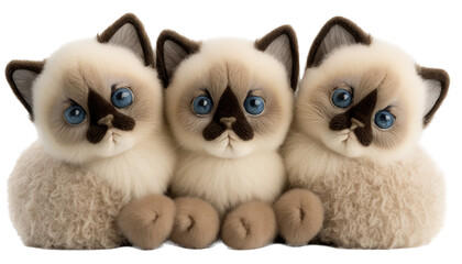 Fototapeta premium Group of siamese kitten plushies, png, transparent background, generative ai, vertical, horizontal 