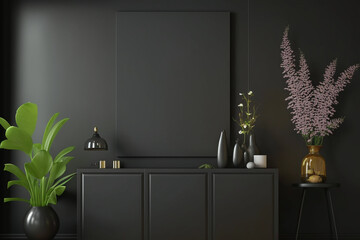 Black frame on cabinet in living room interior on empty dark black wall, Generative AI