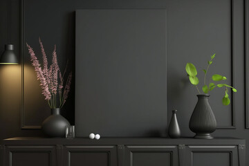 Black frame on cabinet in living room interior on empty dark black wall, Generative AI