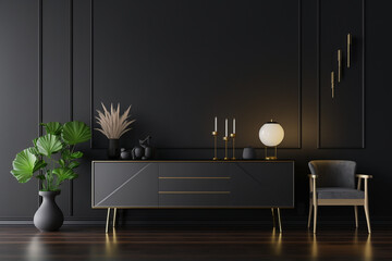 Black sideboard in living room with copy space