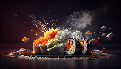 Fresh sushi roll close-up on dark background. Generative AI