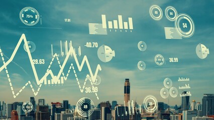 Business data analytic interface fly over smart city showing alteration future of business intelligence. Computer software and artificial intelligence are used to analyze big data for strategic plan .