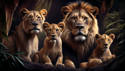 majestic family of lions in the jungle ,generative AI - obrazy, fototapety, plakaty