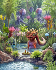 Watering hole on an alien planet with a strange spiky animal creature drinking from the pond water and bizarre plants and flowers surrounding the pool. Generative AI cartoon style illustration.