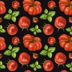Seamless hand drawn pattern with red tomatoes, cherry tomatoes and basilic. Vegetable background for textiles, fabrics, paper, and other designs. Digital illustration on black background