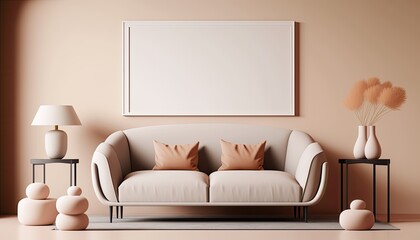 a modern-themed photographic illustration of a pastel color contemporary living room with a picture mockup set on a transparent background in PNG. Generative AI