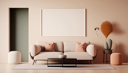 a modern-themed photographic illustration of a pastel color contemporary living room with a picture mockup set on a transparent background in PNG. Generative AI