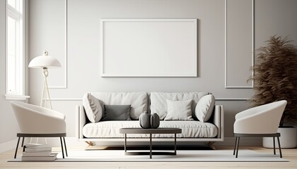 a light-themed photographic illustration of a modern Scandinavian-style living room with a horizontal picture frame mockup set on a transparent background in PNG. Generative AI