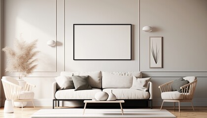 Fototapeta na wymiar a light cream white Scandinavian, boho-themed living room interior background with a horizontal frame mockup, Japandi, 3D rendered, contemporary-themed, modern interior mockup. Generative AI