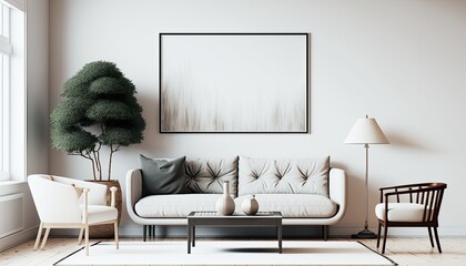 a cream white-colored Scandinavian, boho-themed living room interior background, featuring yellow pastel highlights, horizontal white frame mockup, Japandi, 3D rendered, contemporary. Generative AI