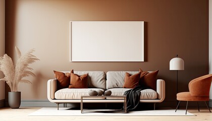 a light cream white Scandinavian, boho-themed living room interior background, featuring orange pastel highlights, with a horizontal white frame mockup, Japandi, 3D rendered, contemporary-themed, mode
