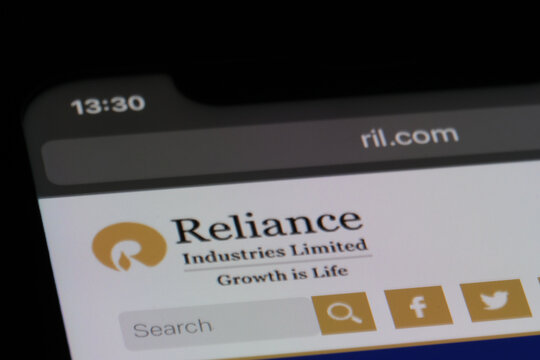 Shanghai,China-March.9th 2023: close up Reliance Industries company brand logo on official website. Indian conglomerate company