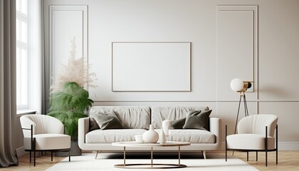 a cream white-colored Scandinavian, boho-themed living room interior background, featuring yellow pastel highlights, horizontal white frame mockup, Japandi, 3D rendered, contemporary. Generative AI