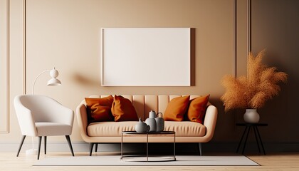 a light cream white Scandinavian, boho-themed living room interior background, featuring orange pastel highlights, with a horizontal white frame mockup, Japandi, 3D rendered, contemporary-themed, mode