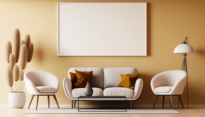 a yellow pastel-colored Scandinavian, boho-themed living room interior background, with horizontal white frame mockup, Japandi, 3D rendered, contemporary-themed, modern interior mockup. Generative AI