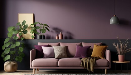 a purple, lavender-colored Scandinavian, boho-themed living room interior background, Wall Art Mockup, 3D rendered, contemporary, Japandi-themed, modern interior mockup. Generative AI