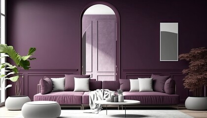 a purple, lavender-colored Scandinavian, boho-themed living room interior background, Wall Art Mockup, 3D rendered, contemporary, Japandi-themed, modern interior mockup. Generative AI