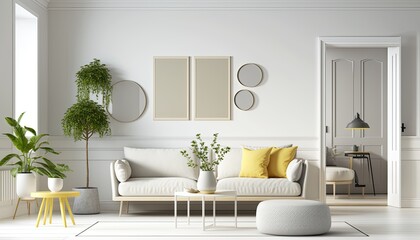 a light cream white Scandinavian, boho-themed living room interior background with a horizontal frame mockup, Japandi, 3D rendered, contemporary-themed, modern interior mockup. Generative AI