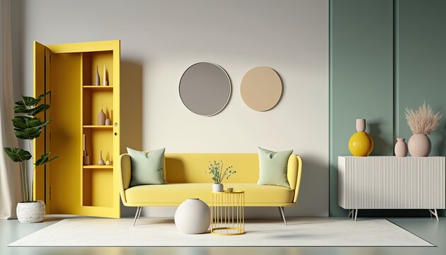 a pastel-yellow Scandinavian, boho-themed living room interior background, Wall Art Mockup, Japandi, 3D rendered, contemporary, Japandi-themed, modern interior mockup. Generative AI