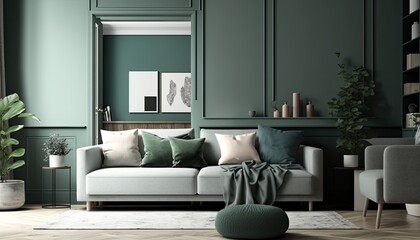a forest-green Scandinavian, boho-themed living room interior background, Wall Art Mockup, Japandi, 3D rendered, contemporary, Japandi-themed, modern interior mockup. Generative AI