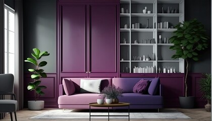 a purple, wine-colored Scandinavian, boho-themed living room interior background, Wall Art Mockup, Japandi, 3D rendered, contemporary, Japandi-themed, modern interior mockup. Generative AI