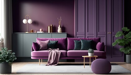 a purple, wine-colored Scandinavian, boho-themed living room interior background, Wall Art Mockup, Japandi, 3D rendered, contemporary, Japandi-themed, modern interior mockup. Generative AI