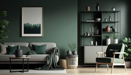 a forest-green Scandinavian, boho-themed living room interior background, Wall Art Mockup, Japandi, 3D rendered, contemporary, Japandi-themed, modern interior mockup. Generative AI