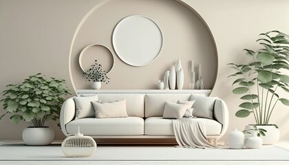 a cream-colored Scandinavian, boho-themed living room interior background with circular elements, Wall Art Mockup, Japandi, 3D rendered, contemporary, Japandi-themed, modern interior. Generative AI