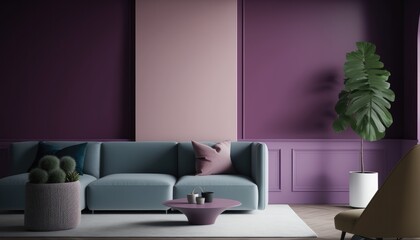 a purple, wine-colored Scandinavian, boho-themed living room interior background, Wall Art Mockup, Japandi, 3D rendered, contemporary, Japandi-themed, modern interior mockup. Generative AI