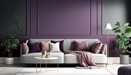 a purple, wine-colored Scandinavian, boho-themed living room interior background, Wall Art Mockup, Japandi, 3D rendered, contemporary, Japandi-themed, modern interior mockup. Generative AI